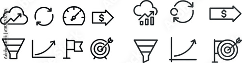 Various icons illustrating concepts of data analysis, financial growth, and performance measurement are displayed in a clear layout. Each symbol communicates important business ideas.