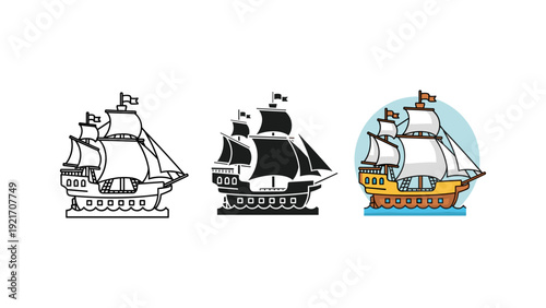 Minimalist black and white line art illustration of three classic pirate ships sailing on stylized ocean waves, ideal for nautical-themed designs and creative projects.