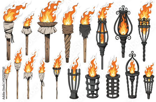 Medieval Iron Torch Vector Set with Ornate Gothic Wall Brackets and Flaming Fire for Castle Interior