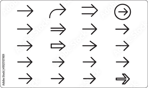 Right direction arrow icons set, right navigation arrow symbol pack, straight curved right arrow design white background vector project professional commercial work usage