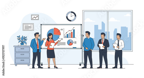 Professional business team conducting a presentation with charts and graphs on a whiteboard in a modern office environment.