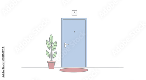 Blue Door with Potted Plant Illustration.