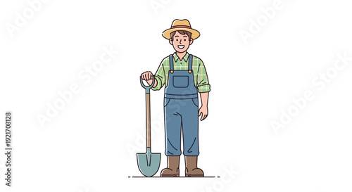 Farmer Standing with Shovel and Hat.
