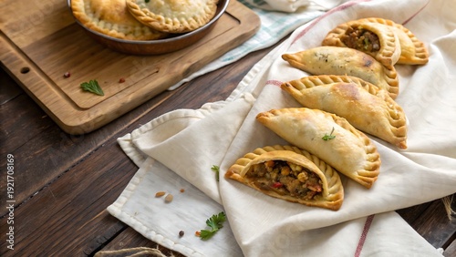 Homemade beef empanadas served on white cloth over wooden table for traditional meal dish