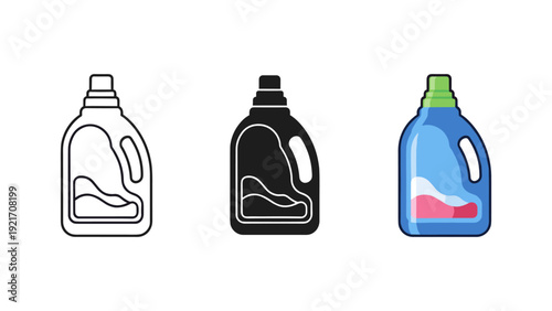 High-quality vector illustration of three empty liquid detergent bottles in different colors, perfect for commercial cleaning product branding, packaging design, and eco-friendly advertising.