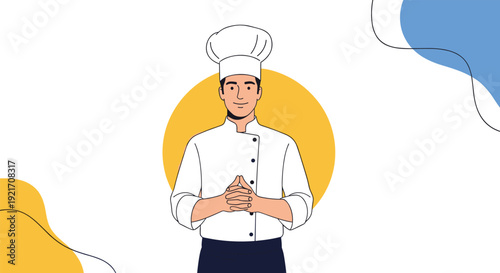 Professional male chef wearing a traditional white uniform and toque posing confidently in front of a bright yellow circle background.