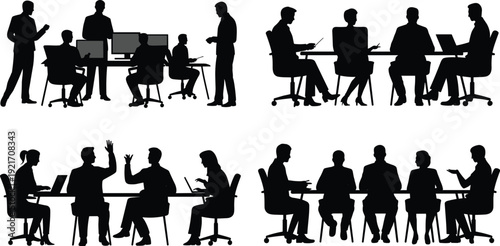 Business meeting silhouette illustration collection, office teamwork icons, corporate discussion artwork, professional collaboration design, workplace conference scene