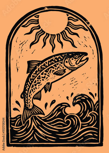 Jumping Salmon Woodcut with Sun
