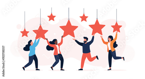 Diverse group of people working together to hang large red stars representing team success, rating, and achieving goals.