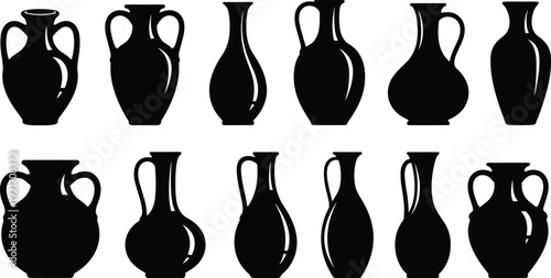 Ancient Greek amphora and ceramic vase silhouette set, decorative pottery icons, antique clay jars, traditional Mediterranean vessels vector illustration, museum history graphic design.