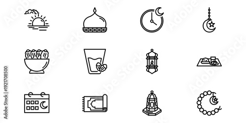 Ramadan and Islamic celebration outline icons set