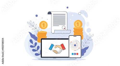 Concept of digital business agreement showing a handshake on laptop and phone with coins and signed legal documents.