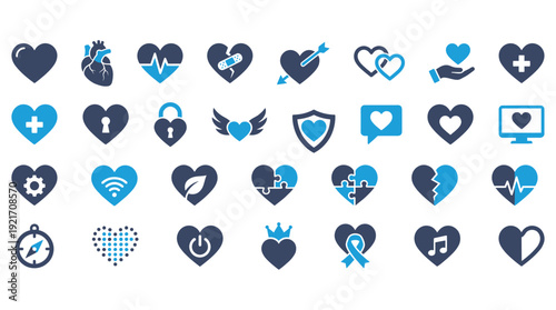 Collection of heart shaped with medical and abstract symbols