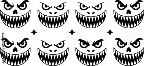 Cartoon angry monster faces, Halloween scary expressions, horror teeth illustration, spooky character icons, creepy design elements, festive decorative artwork