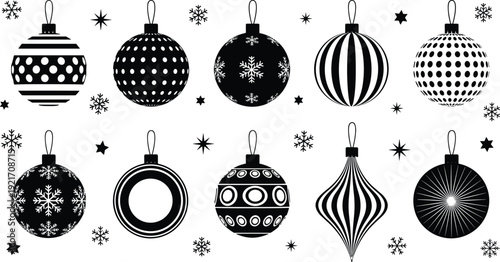 Christmas ball ornaments and snowflakes silhouette vector set, hanging baubles with patterns, winter holiday decoration elements, festive celebration tree toys graphic design, black white.