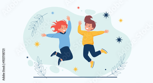 Happy young boy and girl jumping for joy amidst colorful leaves and sparkling stars in a bright and playful setting.