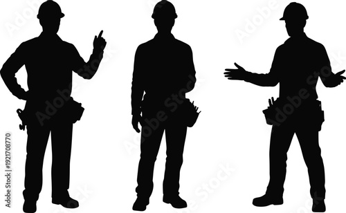 Construction worker silhouette illustration, labor icons with hard hats, industrial job artwork, building site design, occupational safety symbol