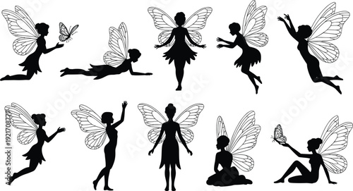 Fairy, silhouette, fantasy, magic, girl, detailed, wing, vector, black, isolated, collection, illustration, butterfly, flying, elegant, nature, design, art, pixie, tale
