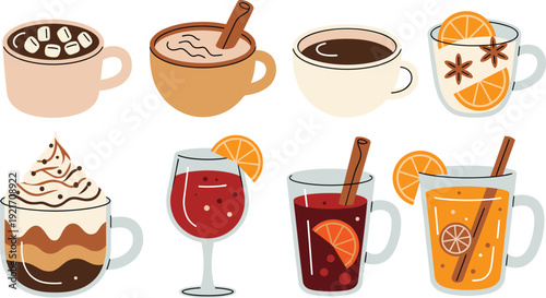 Festive winter drinks collection, cozy hot chocolate, mulled wine, spiced coffee, holiday beverages, seasonal mugs, decorative festive drinks illustration