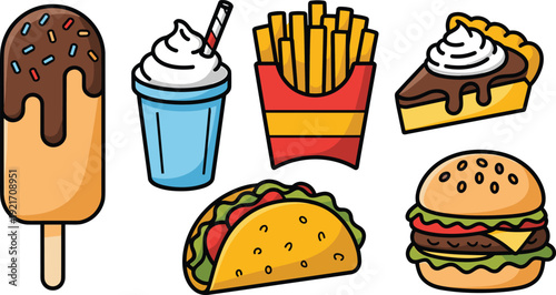 Food, fast, junk, snack, dessert, burger, taco, fries, sweet, milkshake, pie, vector, illustration, cartoon, design, isolated, set, collection, delicious, icon
