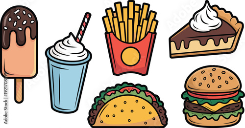 Food, fast, sticker, pop, art, comic, burger, taco, fries, dessert, outline, vector, illustration, isolated, set, cartoon, meal, snack, delicious, icon