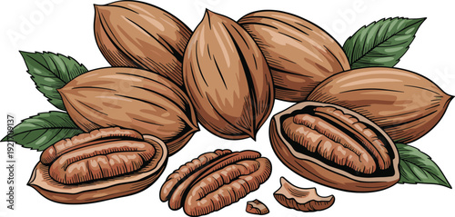 Pecan nut collection illustration, whole and cracked pecans, edible kernels, organic food artwork, healthy snack design, botanical drawing
