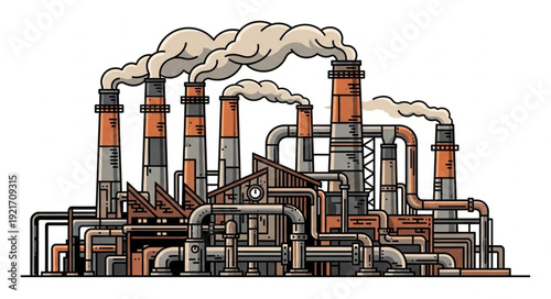 Industrial Factory with Smokestacks Emitting Smoke.