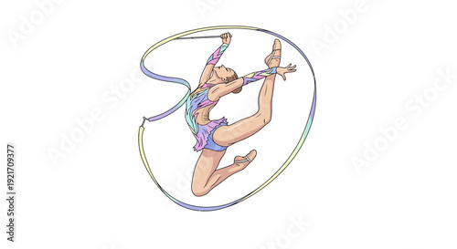 Young gymnast performing rhythmic exercise with ribbon.