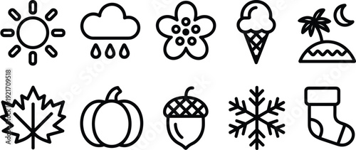 Season, weather, icon, set, outline, summer, winter, autumn, spring, sun, leaf, snowflake, vector, illustration, line, art, isolated, design, symbol, element