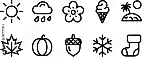 Season, weather, outline, icon, summer, winter, autumn, spring, sun, leaf, snowflake, vector, simple, line, art, isolated, design, element, symbol, set