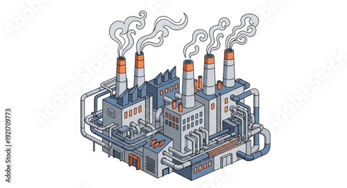 Industrial Factory with Smokestacks Emitting Smoke.