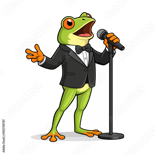 Cute frog cartoon vector illustration singing into microphone, animal character in tuxedo performing on stage isolated on white background for entertainment concept
