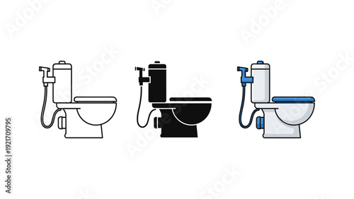 Clean and simple vector illustration of three different toilet designs showcasing modern bathroom fixtures in flat minimalist style ideal for plumbing and interior design projects.