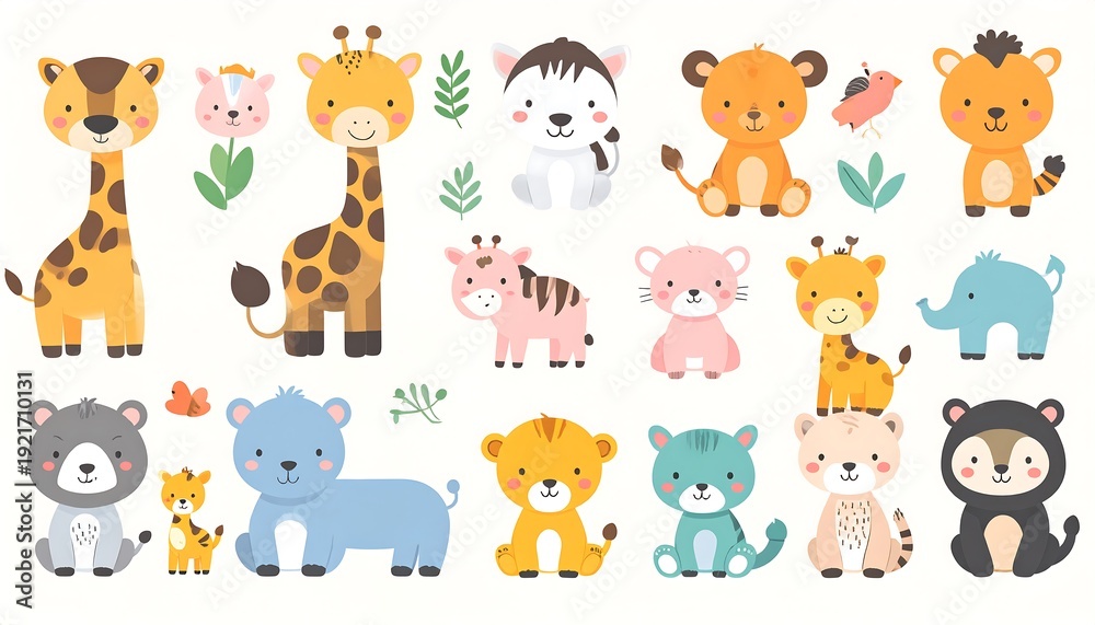 Fototapeta premium A vibrant collection of cartoon animals, including lions, giraffes, and monkeys, displayed together in a playful wildlife scene.