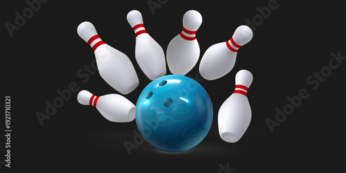 Bowling strike icon. Realistic illustration of bowling strike vector icon on black background 