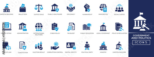 Government and Politics solid icon set for democracy, voting, election, legislation, diplomacy, authority, civil rights, and law symbols. Solid icon collection.