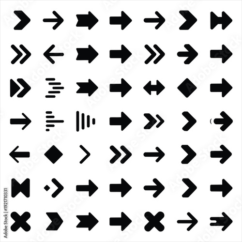 Set of 36 bold vector arrow icons in solid black for diverse navigation and directional purposes