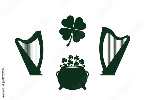 St patricks day symbols harps, fourleaf clover, and pot of gold