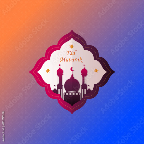 Eid Mubarak Greeting Card Design with Mosque Silhouette and Paper Cut Style Islamic Background