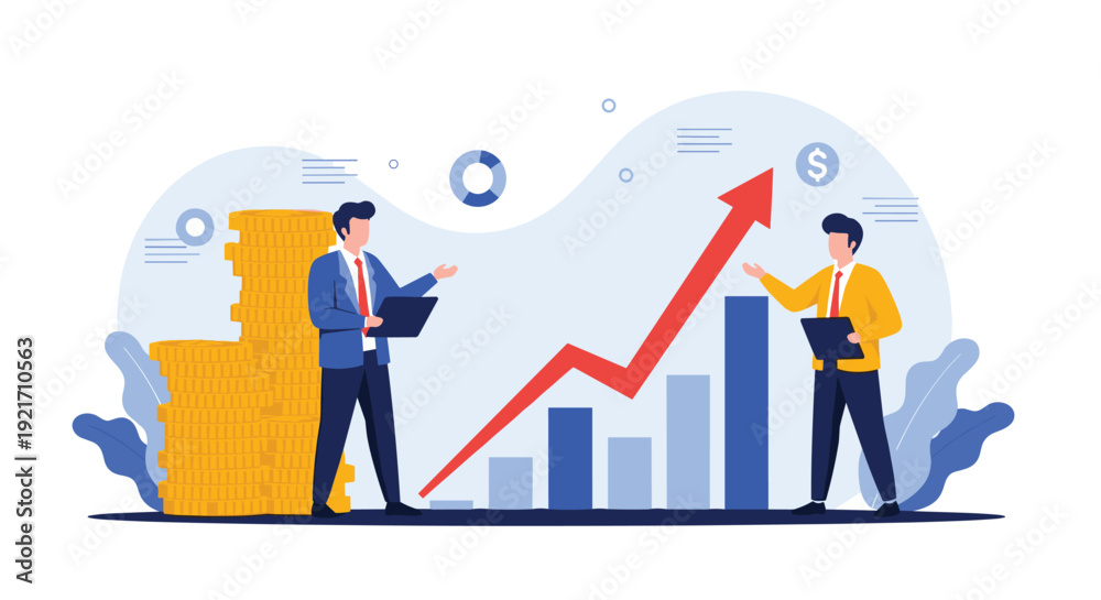 Fototapeta premium Business professionals discussing financial growth and investment strategies next to a rising arrow and coin stacks.