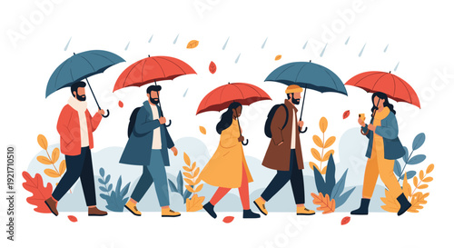 Group of people walking through a gentle autumn rain shower using red and blue umbrellas among falling orange leaves.