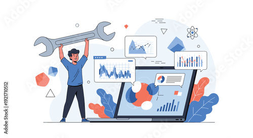 Technician holding a giant wrench next to a laptop displaying complex data charts for system maintenance and repair.