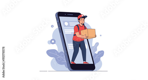 Online delivery concept featuring a courier stepping out of a smartphone screen while carrying a cardboard package.