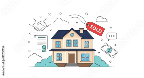 Real estate concept showing a beautiful two story house with a sold tag, signed contract, money, and a handshake.