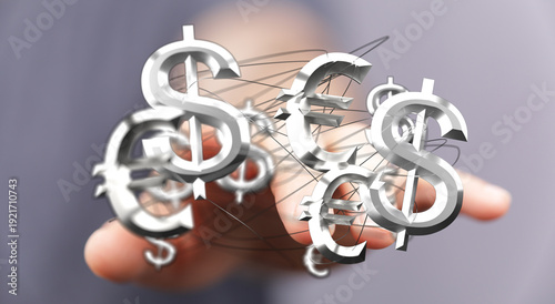 Valokuva Image of a hand holding Dollar and Euro symbols with connections, perfect for fi