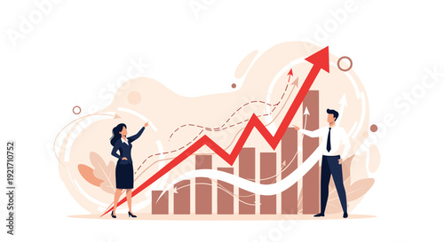 Business partners celebrating significant growth and success while pointing at a large upward trending graph chart.