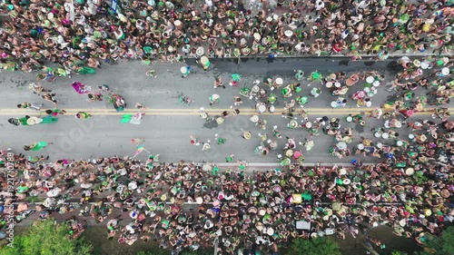 Brazilian carnival. Aerial top down view of the street block carnival named Samambloco on the street of the town of Campeche, Florianopolis, Brazil