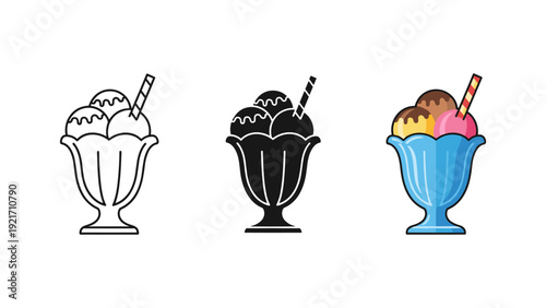 Vibrant vector illustration of three delicious ice cream cups featuring chocolate, vanilla, and strawberry flavors with spoons, perfect for desserts, menus, and summer promotions.