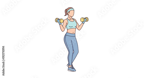 Woman Exercising with Dumbbells in Cartoon Style.