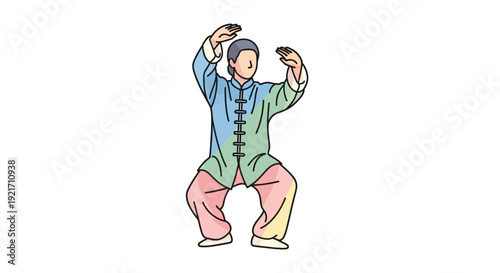 Man Practicing Tai Chi with Hands Raised.